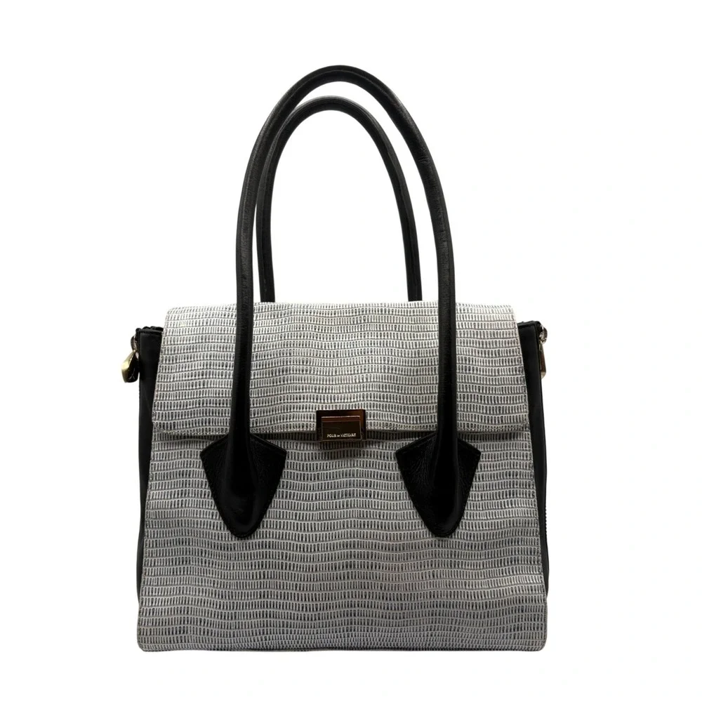Pour La Victoire Expandable Satchel Bag Black Grey Excellent Textured‎ Leather